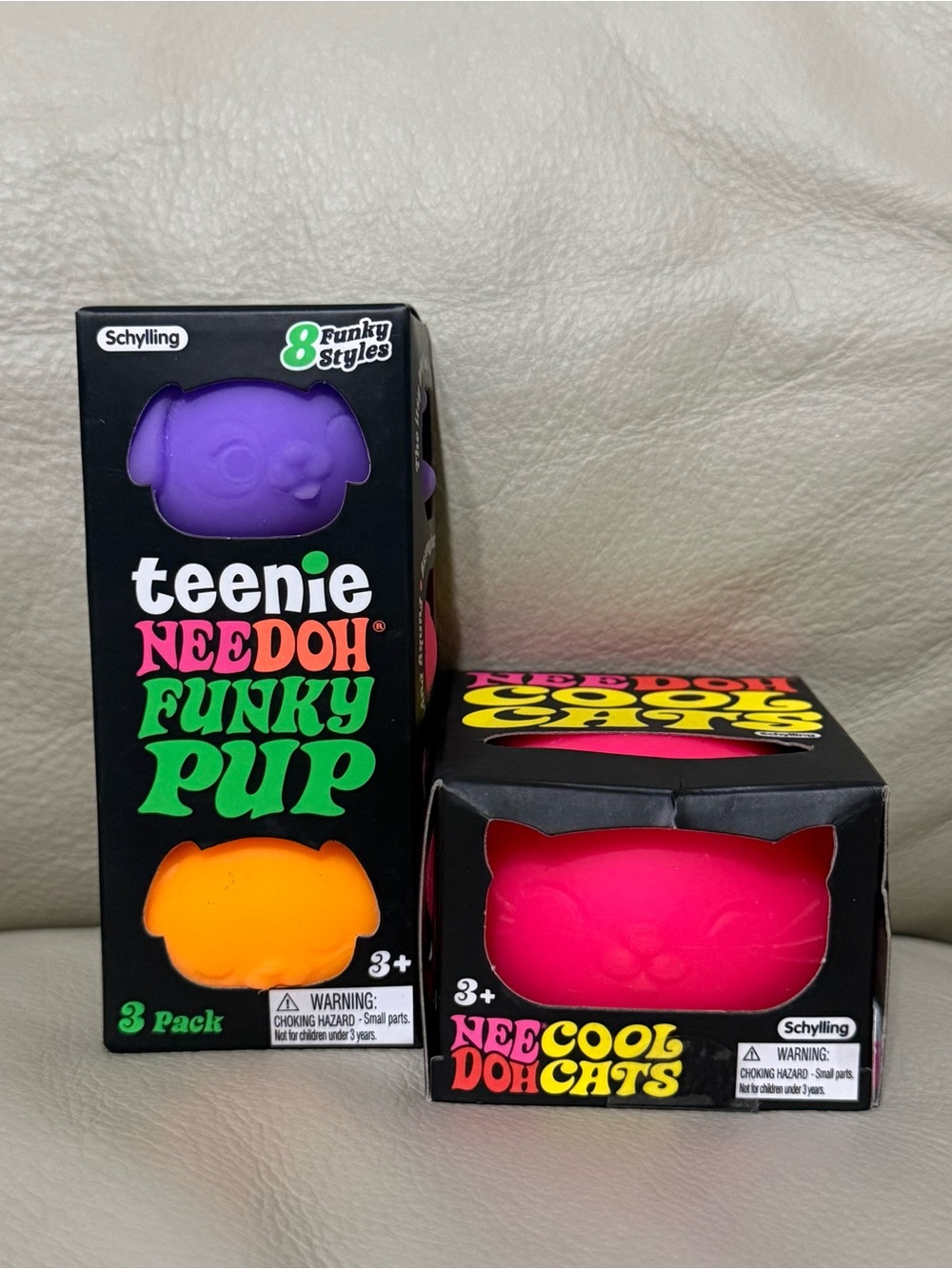 NEW NeeDoh Teenie Funky Pup 3 Pack Orange, Purple, Pink + Pink Cool Cats Squishy